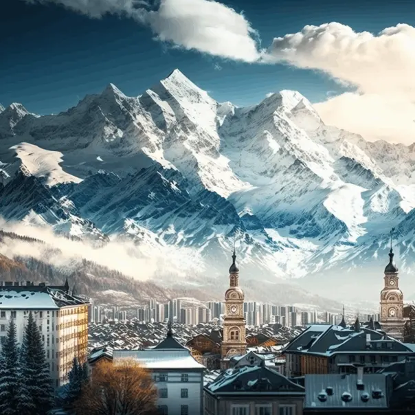 A panoramic view of the Swiss Alps with a modern cityscape in the foreground, symbolizing the blend of tradition and innovation in Swiss SMEs